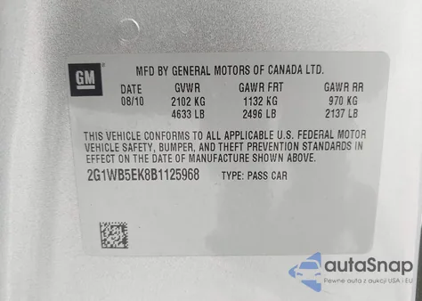 2011 Chevrolet Impala Lt из США, поврежденный, VIN 2G1WB5EK8B1125968